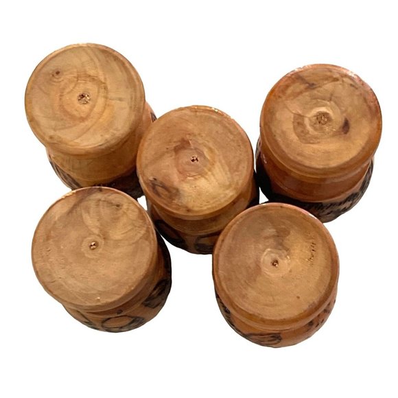 Vintage Wood Pedestal Cups Egg Cup or Tiki Bar Shot Glass Hand Turned Pyrography - Picture 7 of 7